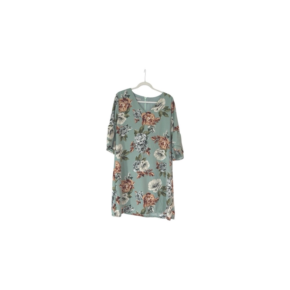 Belongsci Womens XL Sage Green Floral‎ V-Neck Bell Sleeve Shift Dress Mini